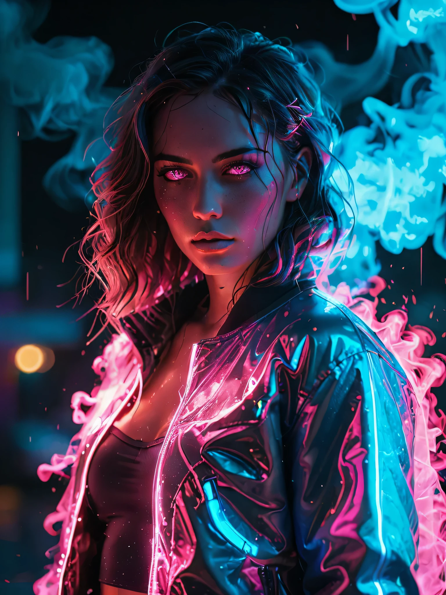 glowneon, glowing jacket on dark figure, emitting liquid light, vibrant blue and pink, glowing eyes, cinematic film still, neon vaporwave background, water everywhere, smoke behind her