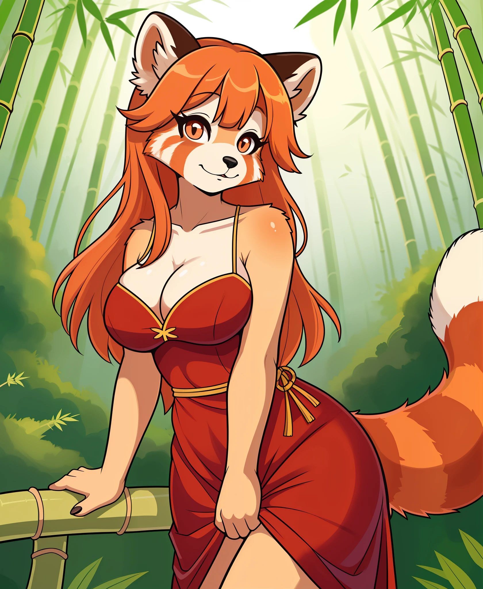1girl, solo, masterpiece, red panda girl, furry, anthro, body fur, red panda tail, outdoors, scenery, bamboo forest, china dress, cleavage, hands_behind, coquettish
