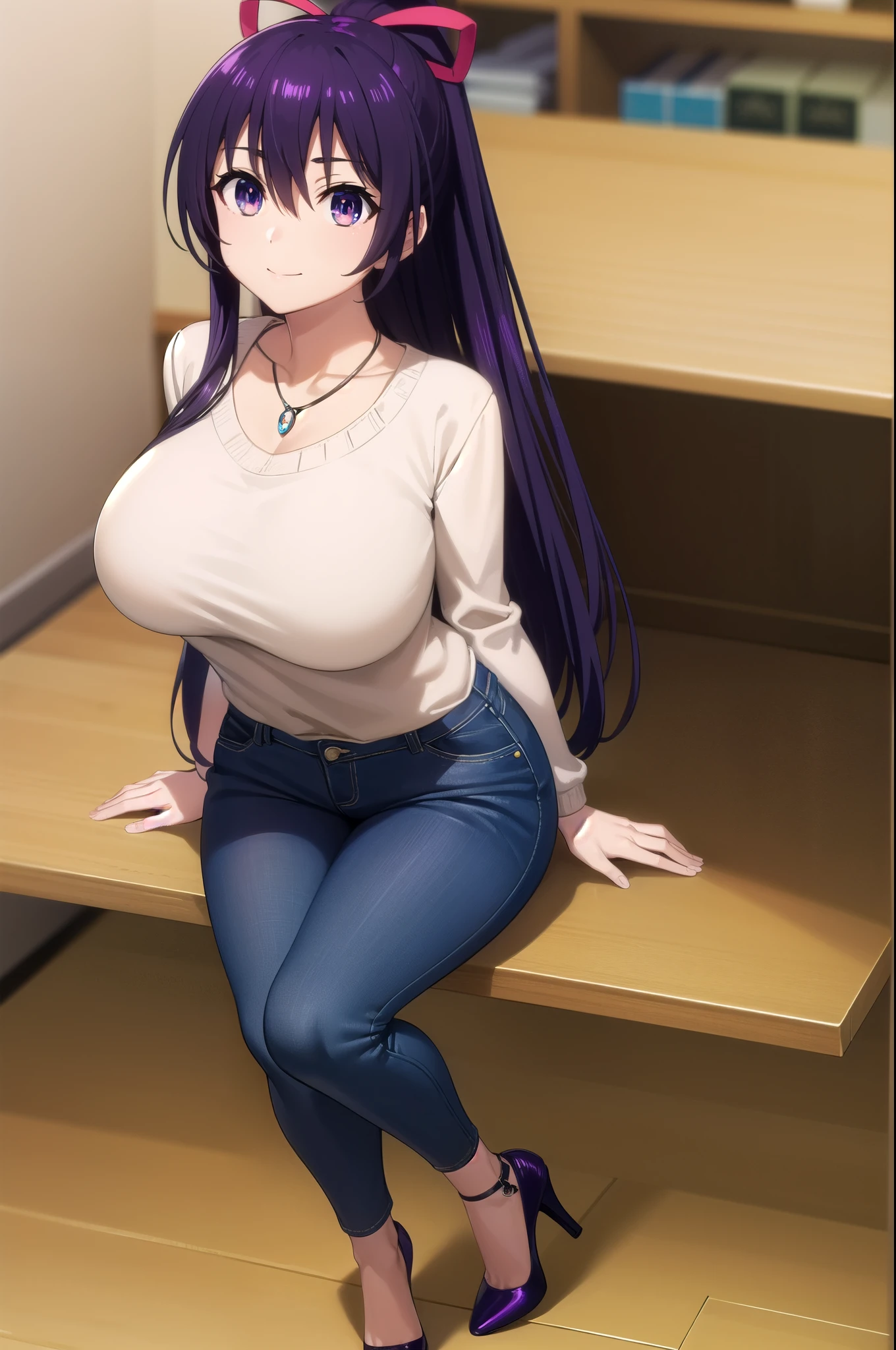 tohkayatogami, tohka yatogami casual, long hair, purple hair, alluringly smile , cream colour sweater,knit sweater ,tight sweater, horizontal line on sweater, turtle neck, ,necklace, ribbon , denim trousers, purse (purple eyes:1.1), hair ribbon, ponytail, purple hair, white ribbon, g cup breasts, bewitched thighs, slender waist, plump butt , high heels
BREAK ,
BREAK indoors, office, alone,
BREAK looking at viewer, elegant poses, sitting on desk, full body view, head to toe view, white high heel
BREAK (masterpiece:1.2), best quality, high resolution, unity 8k wallpaper, (illustration:0.8), (beautiful detailed eyes:1.6), extremely detailed face, perfect lighting, extremely detailed CG, (perfect hands, perfect anatomy),