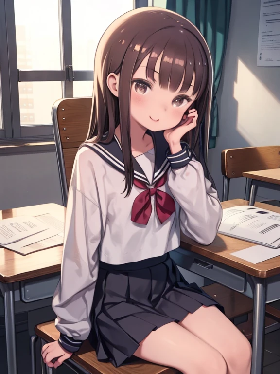 ((masterpiece, highest quality)),best aesthetics,1 girl, , machine, sitting, school machine, brown hair, classroom, long hair, indoors, Chair, looking at the viewer, :p, focus only, brown eyes, skirt, long sleeve, pencil, 1 boy, pencil case, paper, black serafuku, multiple girls, pleated skirt, sailor collar, bangs, headrest, school bag, school Chair