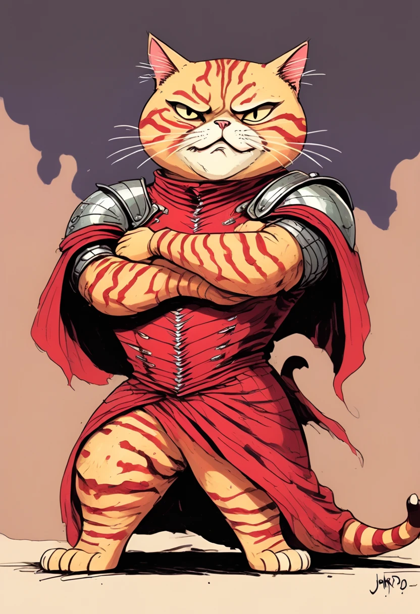 illustrate hyper maximal, intense, strange, a wordless, single image with unhinged, ridiculous, cartoonish, excessive, contorted, skewen hilarity postmeme expression, visually hilarious, cohesive, conveying overwhelming joy, overjoyed, cel animation, distorted contorted proportions of rotoscoped Tabby chonky cat wearing crimson knight armor outfit in expressive John Kricfalusi hand drawn art style, with threatening aura, disgustingly cool, vile boogie dancing, spooky, skewed,
