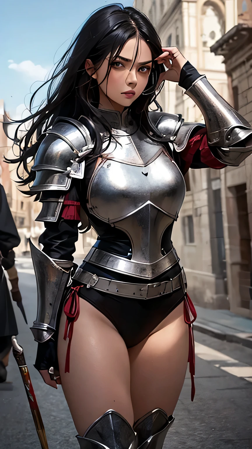 brunette warrior, armor, medieval fantasy, D&d, RPG, ultra realistic, ultra detailed, best quality, 8k, wallpaper, steel breastplate, steel boots, steel gauntlets, steel gloves, skirt lifted, red skirt, panties, white panties, panty view, upskirt, thong, cameltoe, pantyshot, RAW,