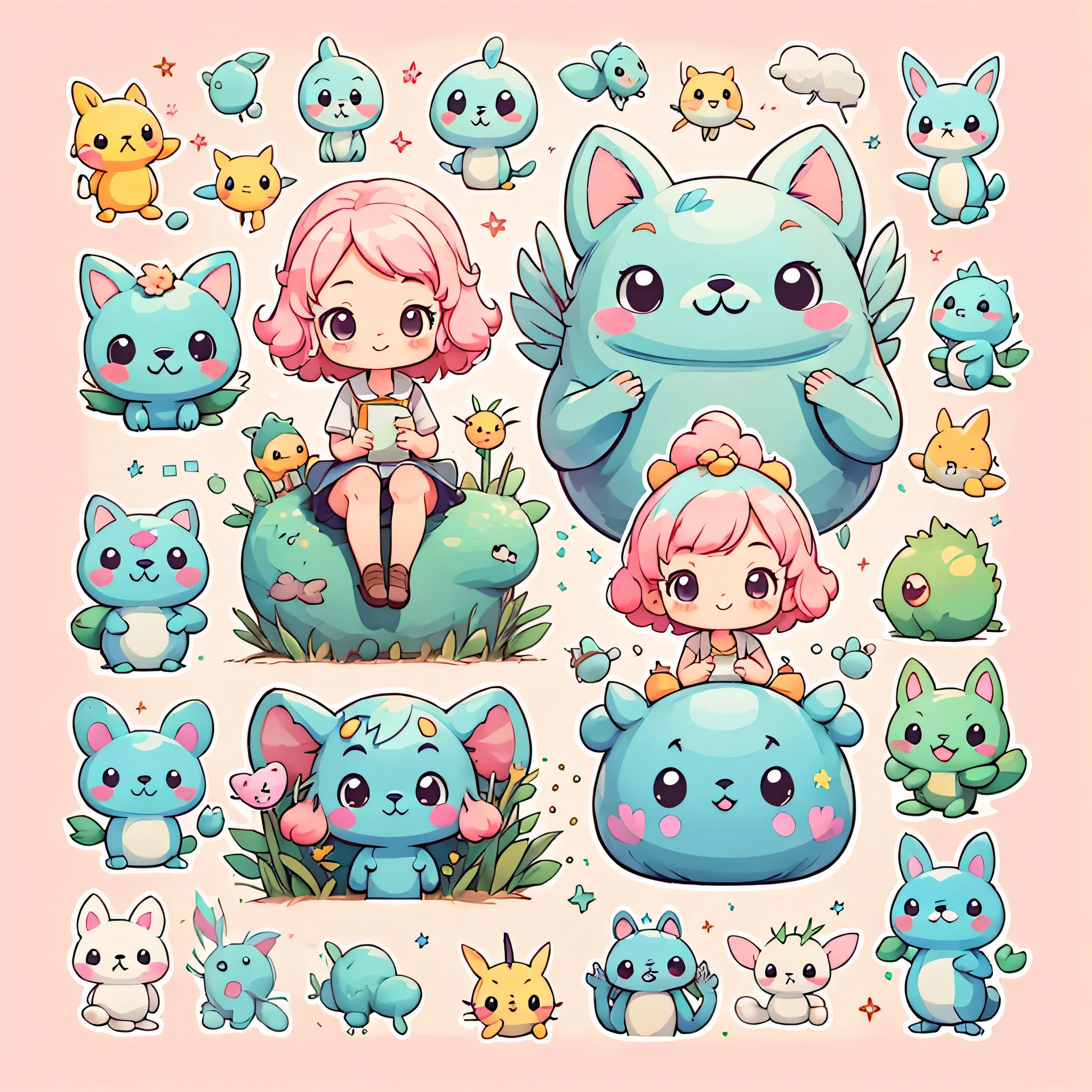 My Neighbor Totoro Style、sticker，1 girl，(((Chibi)))、The background is a school classroom，pink hair，bob hair，best smile、Cute alien