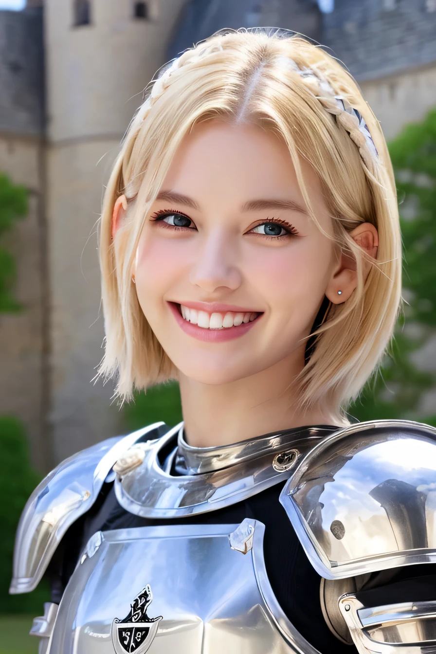 8k、highest quality、female knight、The background is a castle、Luxurious Silver Armor、heavy equipment、hairstyle short cut、smile、beautiful teeth、full body photo、ear piercing、white woman、blonde、blue eyes、Gummy Smile、