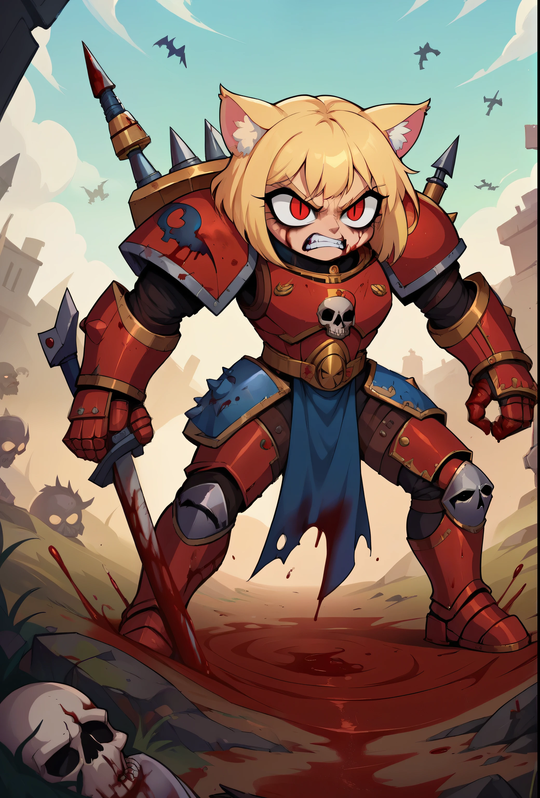 score_9, score_8_up, score_7_up, score_6_up,score_5_up,score_4_up, BREAK, necoarcslit pupils, chibi, cat ears, blonde hair, red eyes, (rage 1.2), khornate berzerker covered in blood, blood on face, blood on armor, battlefield, pile of skulls, full shot, warhammer 40k