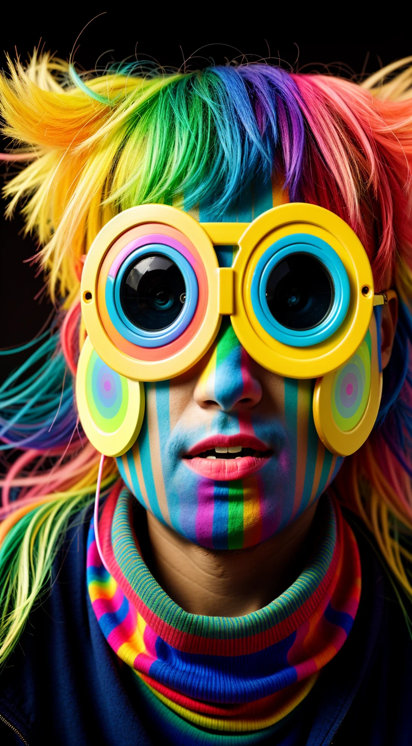 brightly colored man with glasses and a rainbow and tie-dye wig, colorida photo, colorida image, tecnicolor!!!, colorido, colorida, retrato cores felizes, technicolor, colorida picture, technicolor 1, hyper colorida, realistic colorida photography, coloridal, coloridaly, cores vivas e vibrantes, !!! fotografia colorida, 4k color photo portrait, extremely colorida