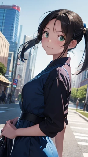 highest quality、realistic、Japanese、girl、cowboy shot、look up、cute、Green eyes、twin tails、black hair、all back、Forehead is coming out、City of night、blue cheongsam、blue cheongsam、joy、sunburn、Midsummer、Sweat、slender、small breasts、