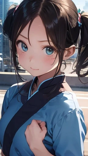 highest quality、realistic、Japanese、girl、cowboy shot、look up、cute、Green eyes、twin tails、black hair、all back、Forehead is coming out、City of night、blue cheongsam、blue cheongsam、joy、sunburn、Midsummer、Sweat、slender、small breasts、