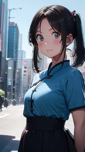 highest quality、realistic、Japanese、girl、cowboy shot、look up、cute、Green eyes、twin tails、black hair、all back、Forehead is coming out、City of night、blue cheongsam、blue cheongsam、joy、sunburn、Midsummer、Sweat、slender、small breasts、