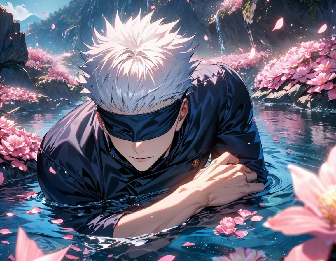 Ultra detailed, Highres, absurdres, HDR, Gojou Satoru, white hair, blindfolded eyes, Jujutsu Kaisen, flowers and pink petals, pink butterflies, water, extremely handsome, 1 man only