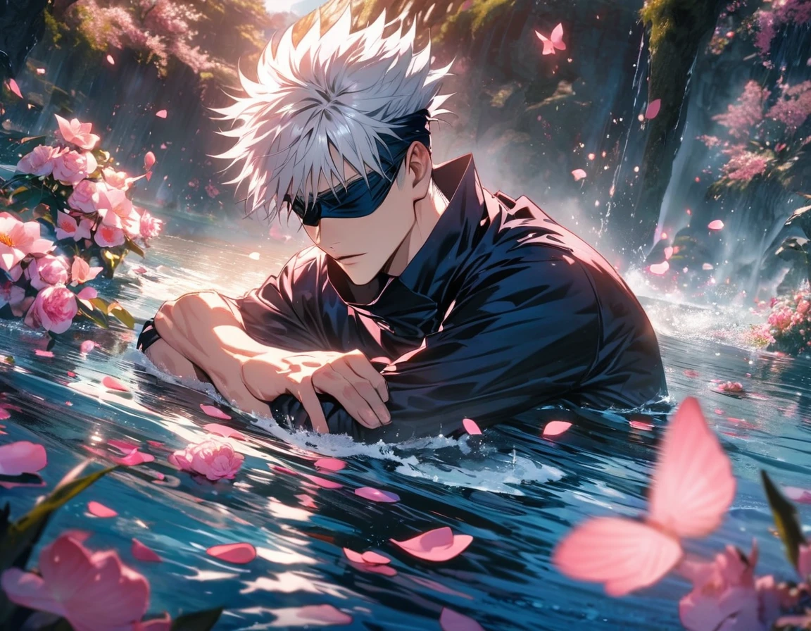 Ultra detailed, Highres, absurdres, HDR, Gojou Satoru, white hair, blindfolded eyes, Jujutsu Kaisen, flowers and pink petals, pink butterflies, water, extremely handsome, 1 man only