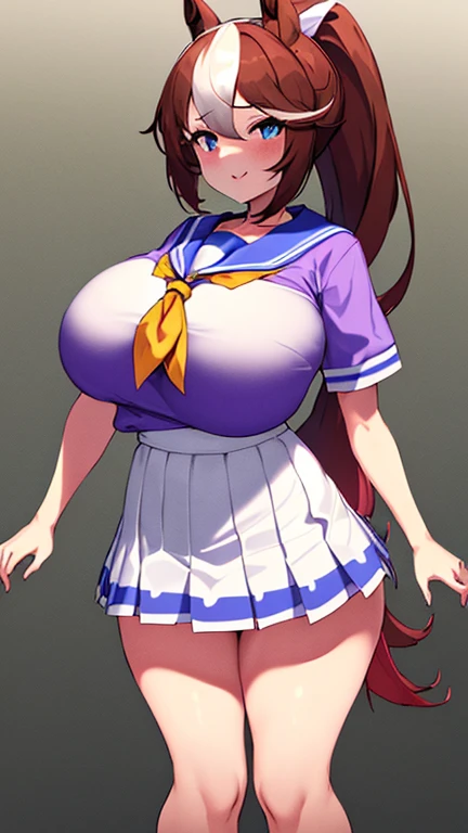 (huge huge tits), High resolution, 1 girl, marl, alone, Tokai Teio (Umamusume), Trasen , white thighs, white skirt, ponytail, sailor shirt, short sleeve, very long hair, brown haired, horseshoe decoration, sailor collar, purple shirt, hair intake, mini skirt, land, teeth, blue eyes, bangs, embarrassing, low length, transistor glamor,