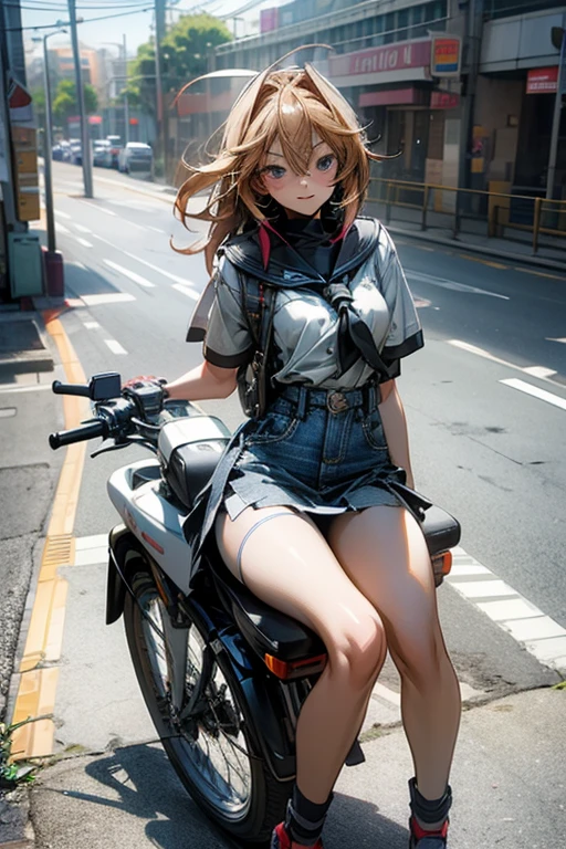 a beautiful young woman sitting on top of a bike, a picture, flickr, white miniskirt, wearing a shirt and a jean, on a pedestal, [ [ hyperrealistic ] ], pixiv contest winner, highschool dxd, 3 d render official art, holo, white panties,