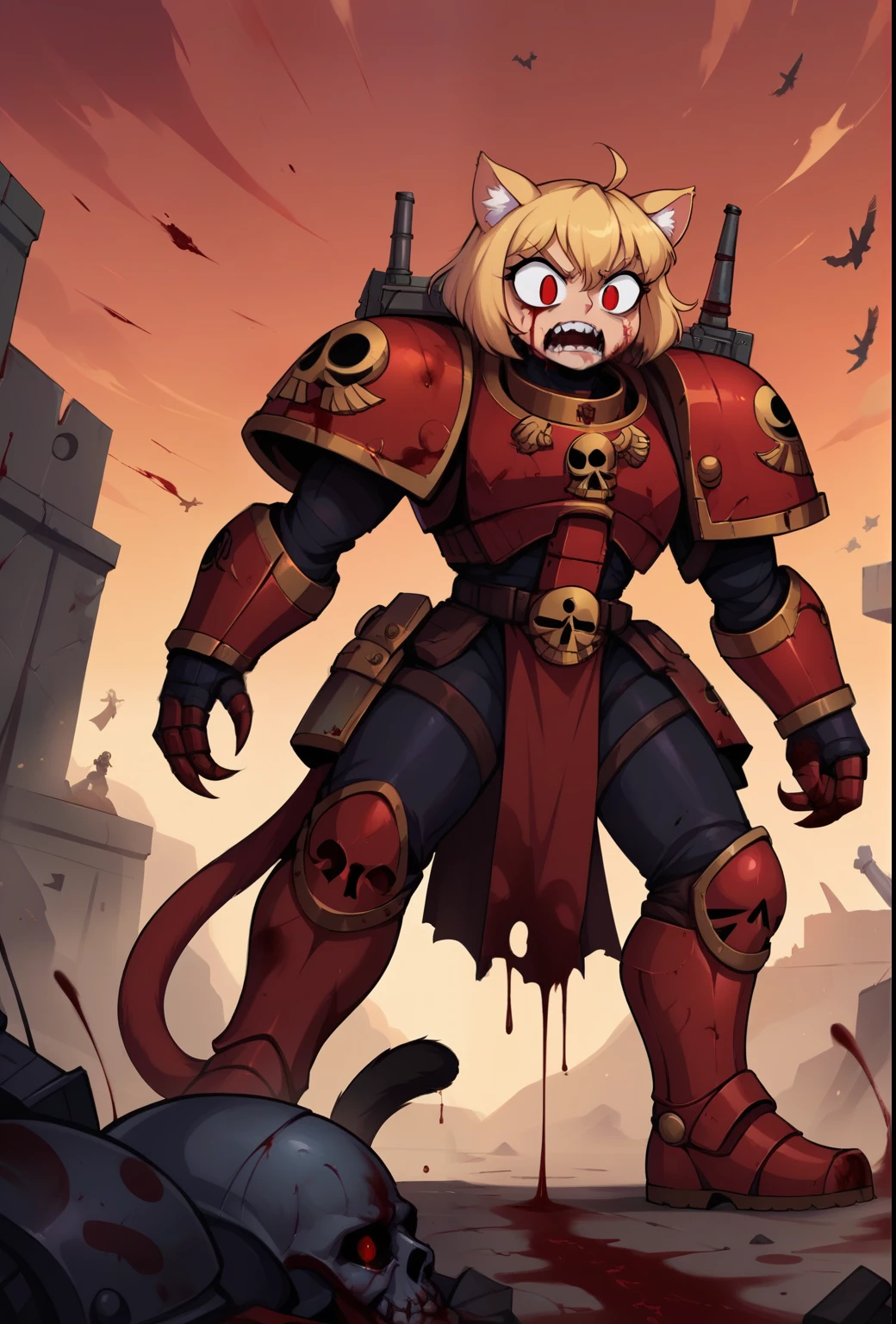 score_9, score_8_up, score_7_up, score_6_up,score_5_up,score_4_up, BREAK, (necoarc slit pupils), chibi, cat ears, tail, blonde hair, red eyes, (rage 1.5), khornate berzerker covered in blood, blood on face, blood on armor, under a blood-red sky tinged with smoke and despair, (battlefield), (war), ruined buildings, corpses, piles of skulls, full shot, (warhammer 40k)