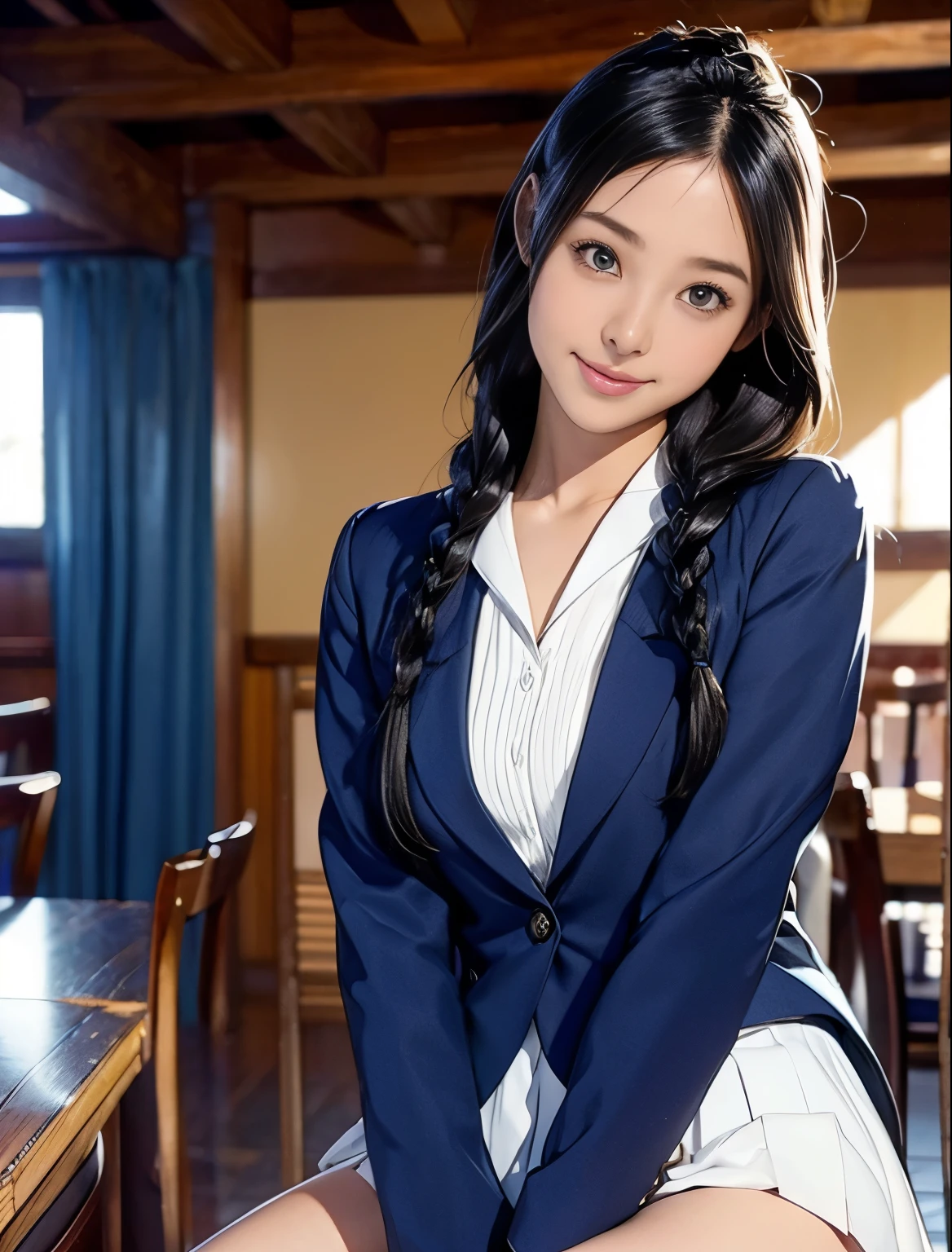 1 girl、A beautiful black-haired girl with braids staring at me.、Just smile a little、Idol-level cuteness、baby face、Lift up your skirt yourself、panty shot、thin and long、small, Breasts in good shape、Healthy thighs、Navy blue blazer、White高领内衣、Navy blue mini skirt、White、In the library、knee high、Cowboy shooting、anatomically correct、precise fingers、Precise Linbuster Tablets、Accurately depicting faces、Photographic live-action、

