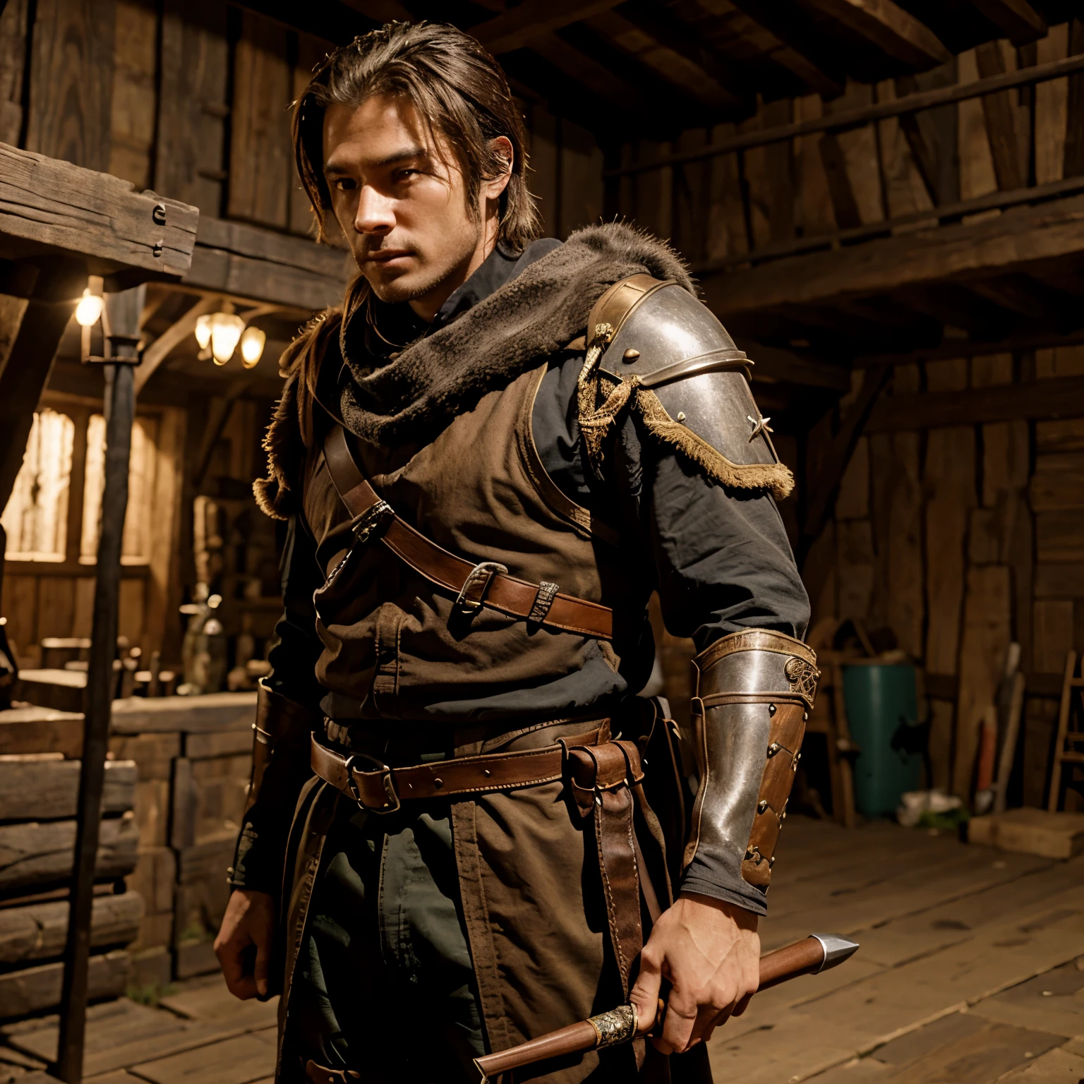 Medieval fantasy hunter with bow on his back standing