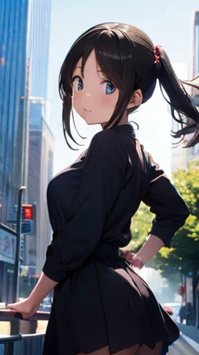 highest quality、realistic、Japanese、girl、cowboy shot、look up、cute、Green eyes、twin tails、black hair、all back、Forehead is coming out、City of night、blue cheongsam、joy、slender、small breasts、