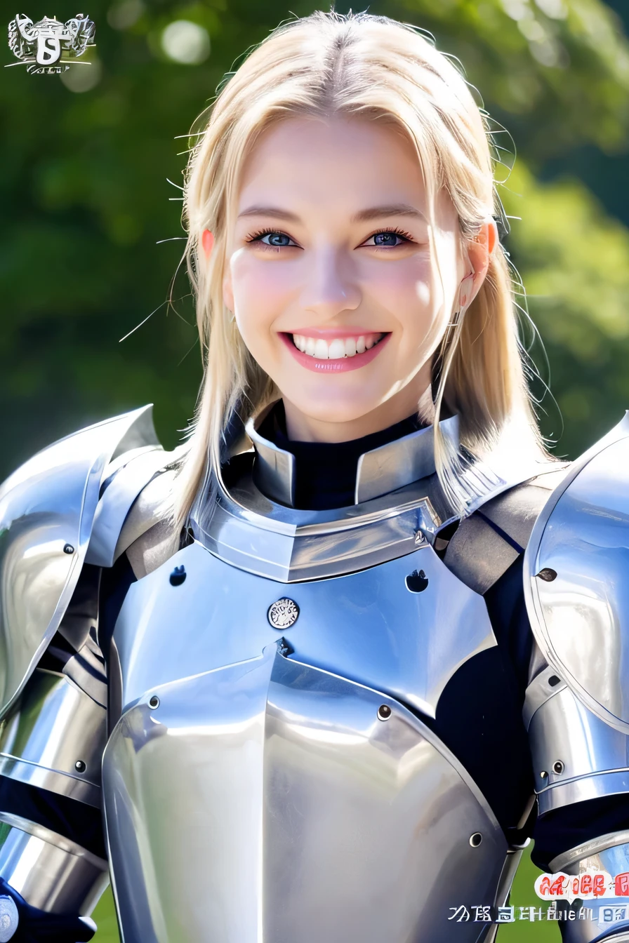 8k、highest quality、female knight、The background is a castle、Luxurious Silver Armor、heavy equipment、hairstyle shortcut、smile、beautiful teeth、full body photo、ear piercing、white woman、blonde、blue eyes、Gummy Smile、