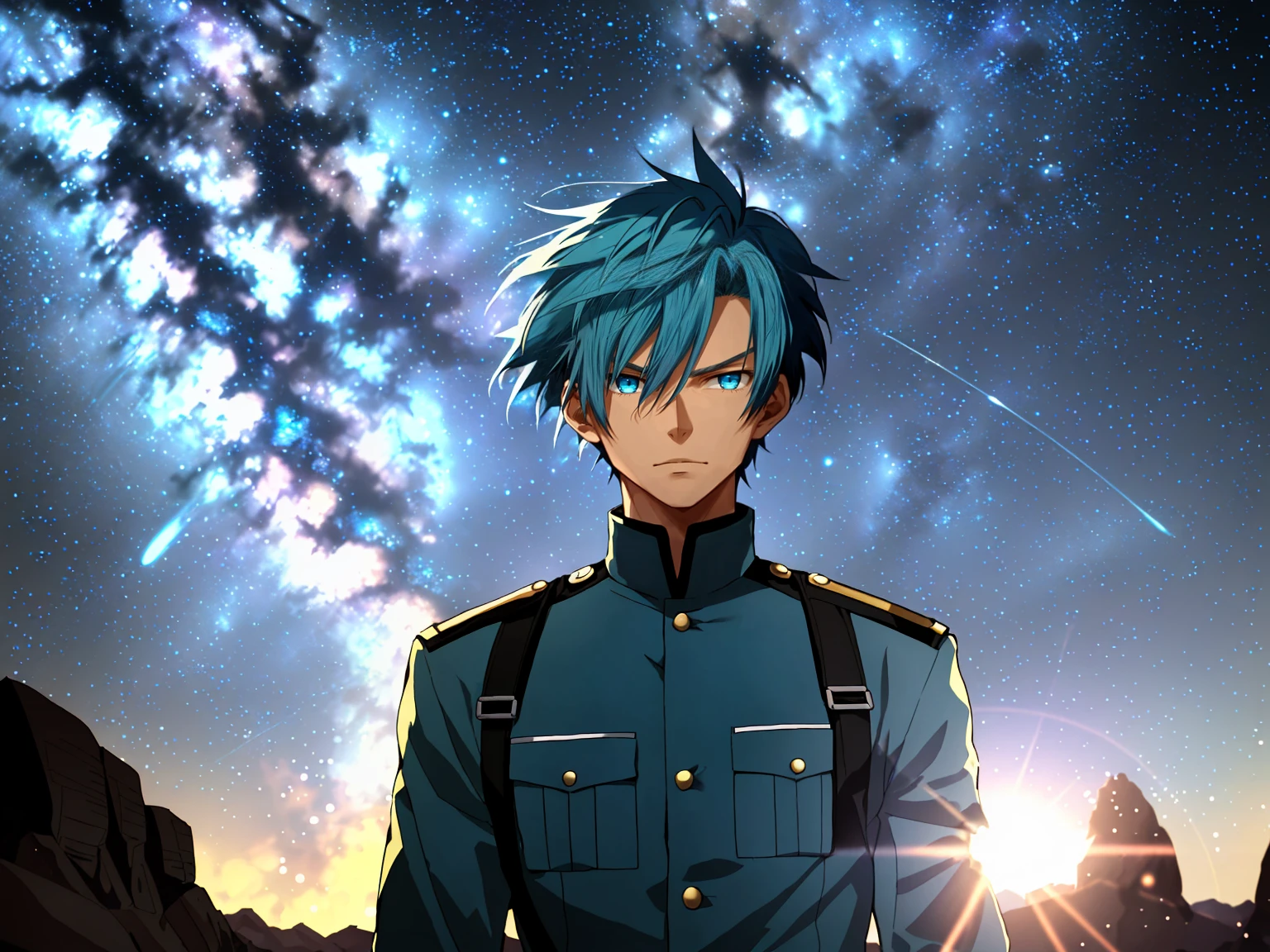 Anime-Man with short blue hair and blue military uniform,Desert at night,blue eyes,against the background of the Milky Way,starry sky,