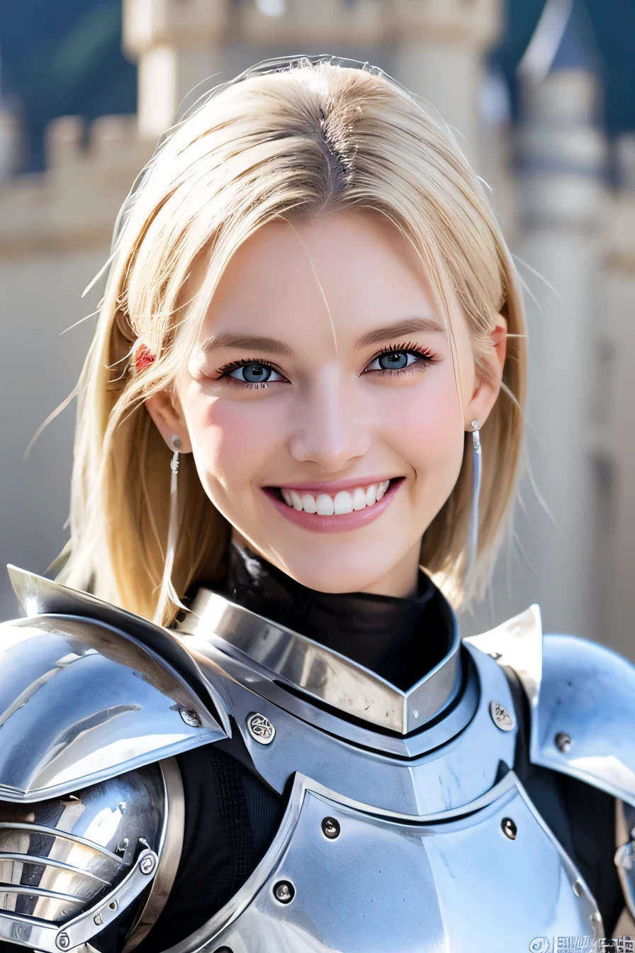 8k、highest quality、female knight、The background is a castle、Luxurious Silver Armor、heavy equipment、hairstyle shortcut、smile、beautiful teeth、full body photo、ear piercing、white woman、blonde、blue eyes、Gummy Smile、