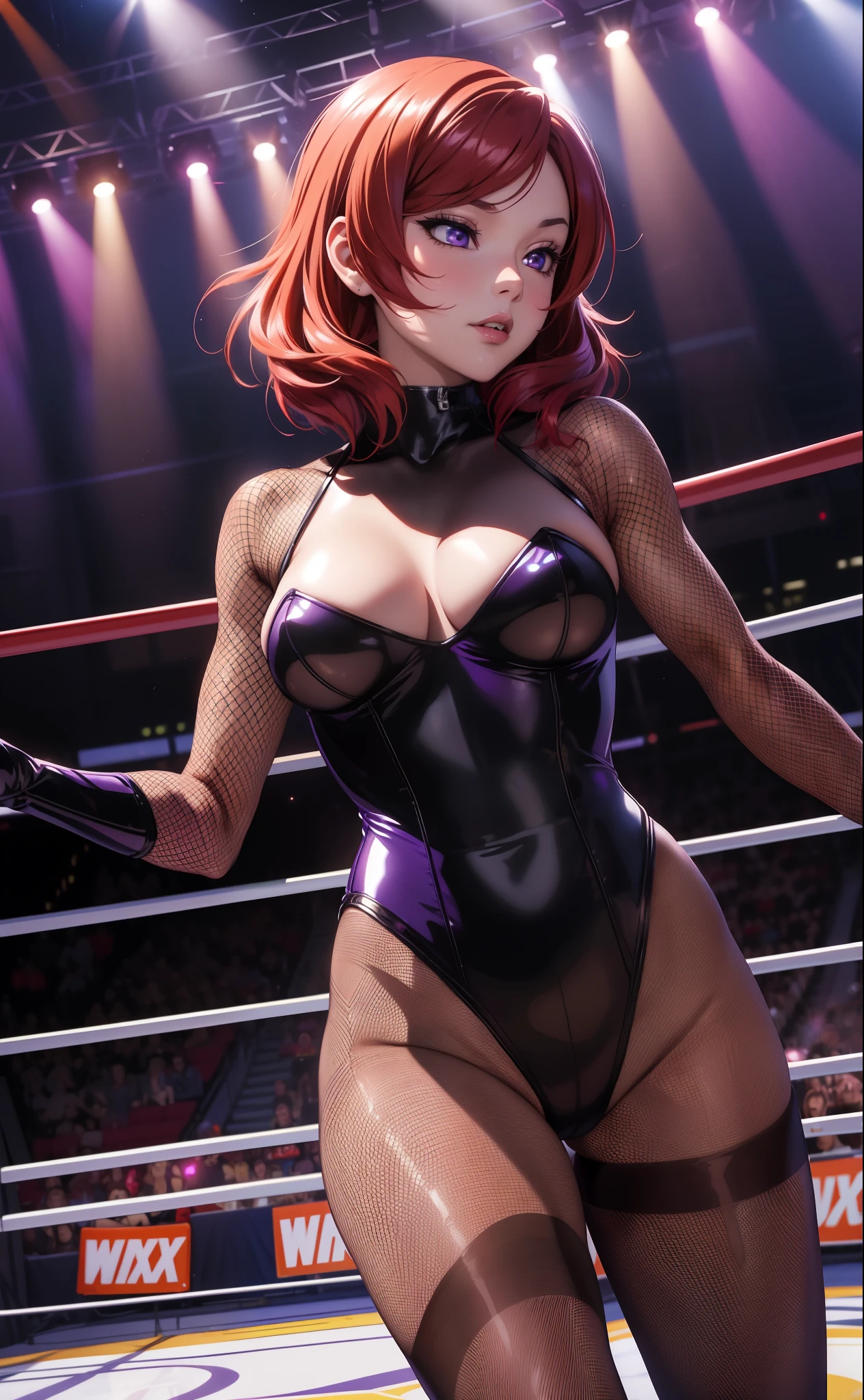 (Masterpiece, Best Quality, High Quality), volumetric lighting, illustration, beautiful, perfect lighting, perfect shadows,Nishikino maki , cowboy shot, (leotard bodysuit:1.2),(fishnet pantyhose:1.2),thighs, solo, purple eyes ,red hair ,in wrestling ring, dynamic pose, standing