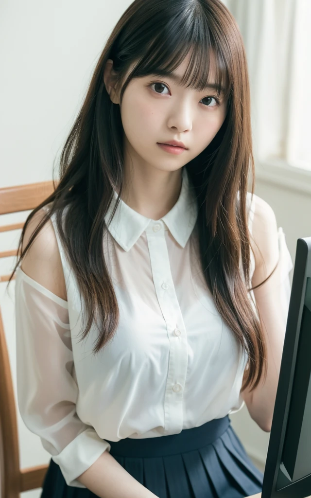 table top, highest quality, 16k, 1 girl, 16, big breasts, Raw photo, professional photography, portrait, soft light, professional lighting, alone, 笑face, close, face, close, cute, girly, goddess, delicate girl, pure beauty, Digital single-lens reflex camera, avert your eyes, Frank, Sophisticated, film grain, (目とfaceの詳細:1.0), long hair swaying in the wind, bangs, (Loose-fitting see-through blouse)、(navy pleated skirt)、(big breasts:1.3)、cute hanging eyes、late night office、I'm sitting in a chair in front of my computer
