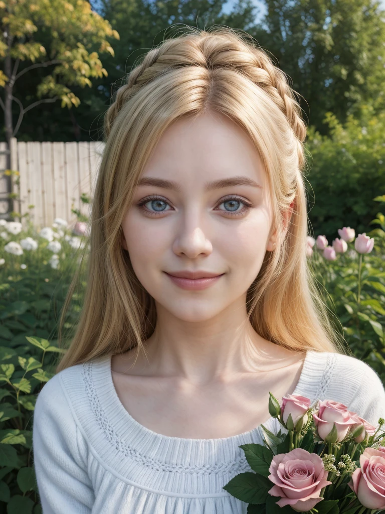 arafed woman smiling, ukrainian girl, russian girl, warm smile, beautiful and smiling, beautiful nordic woman, big bust, russian style, lovely woman, attractive woman, mature woman, very very beautiful woman, portrait, half body, en un jardin con muchas flores, rosas, 25 year old woman, milf, milf woman