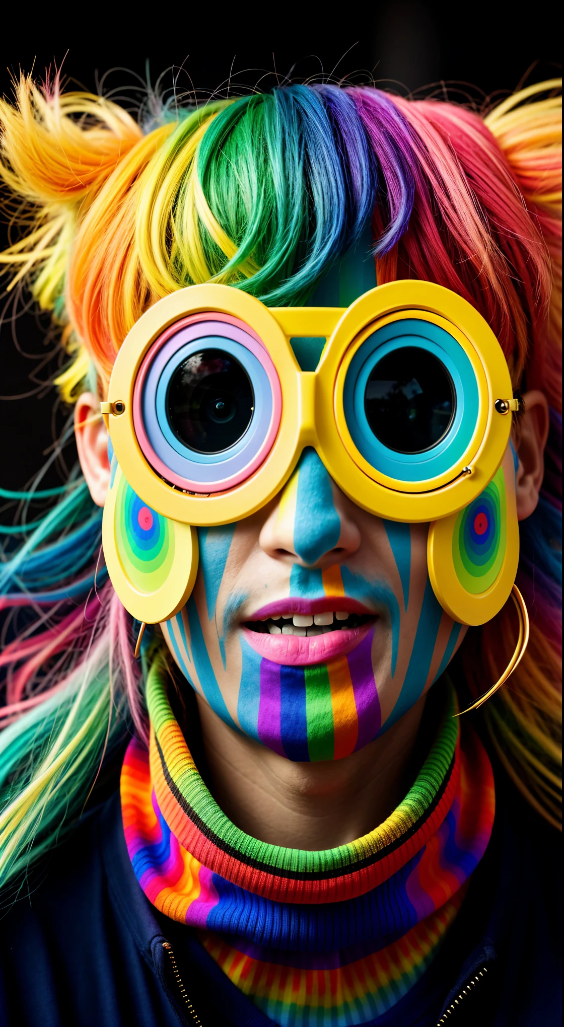 brightly colored man with glasses and a rainbow and tie-dye wig, colorida photo, colorida image, tecnicolor!!!, colorido, colorida, retrato cores felizes, technicolor, colorida picture, technicolor 1, hyper colorida, realistic colorida photography, coloridal, coloridaly, cores vivas e vibrantes, !!! fotografia colorida, 4k color photo portrait, extremely colorida