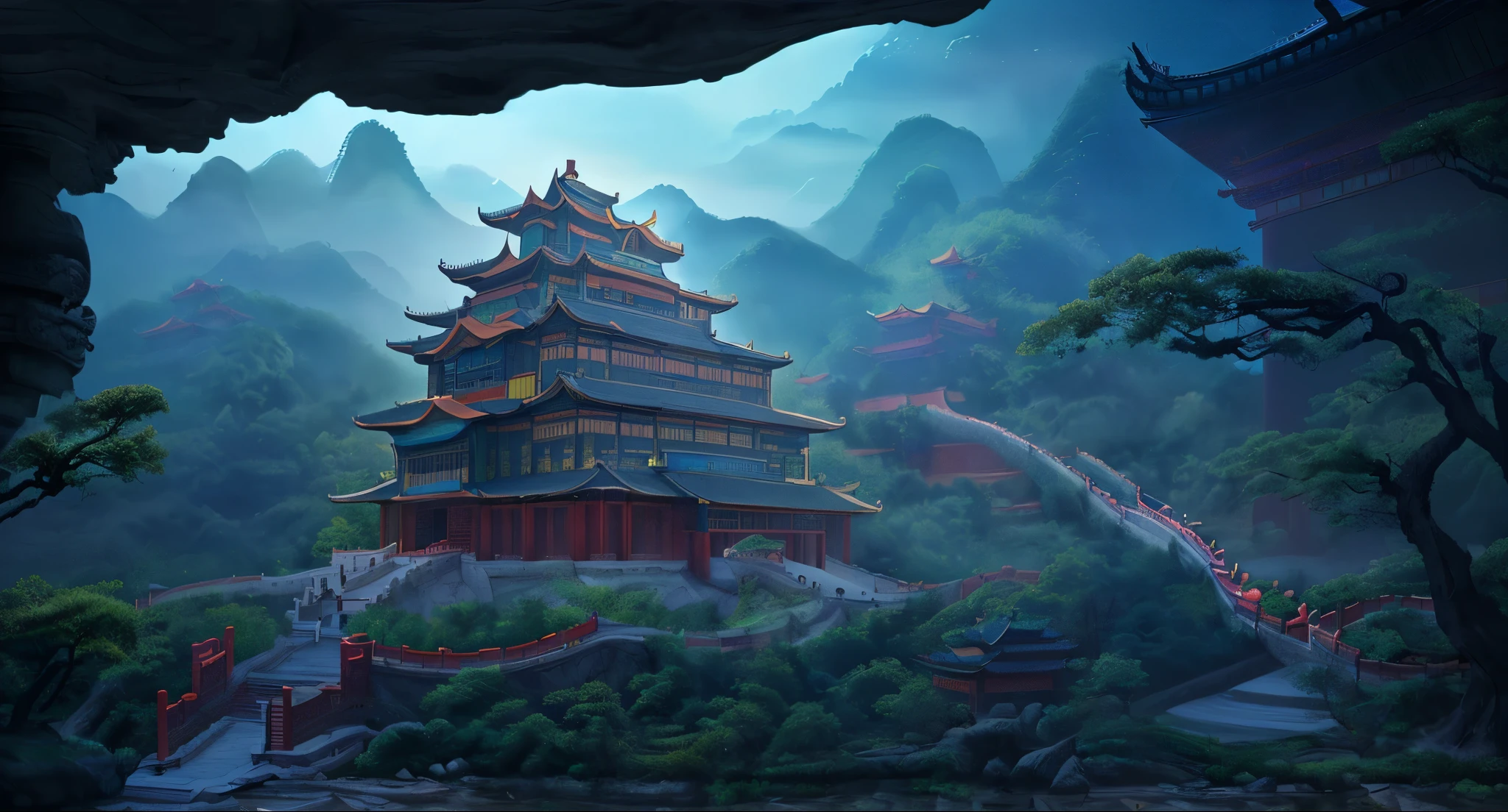 Chinese style realistic original painting，Dragon Palace，Chinese style architecture，Chinese style concept design，水底Dragon Palace，High-quality concept art