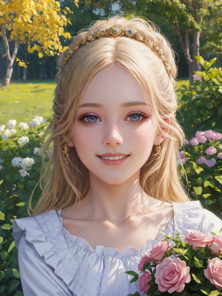 arafed woman smiling, ukrainian girl, russian girl, warm smile, beautiful and smiling, beautiful nordic woman, big bust, russian style, lovely woman, attractive woman, mature woman, very very beautiful woman, portrait, half body, en un jardin con muchas flores, rosas, 25 year old woman, milf, milf woman