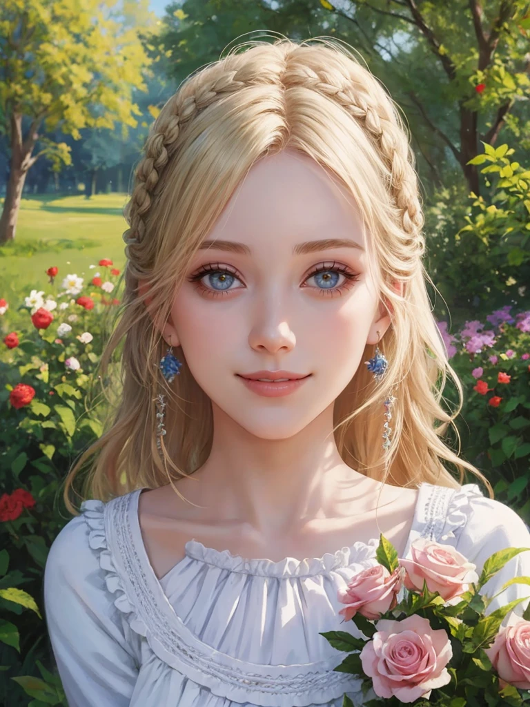 arafed woman smiling, ukrainian girl, russian girl, warm smile, beautiful and smiling, beautiful nordic woman, big bust, russian style, lovely woman, attractive woman, mature woman, very very beautiful woman, portrait, half body, en un jardin con muchas flores, rosas, 25 year old woman, milf, milf woman