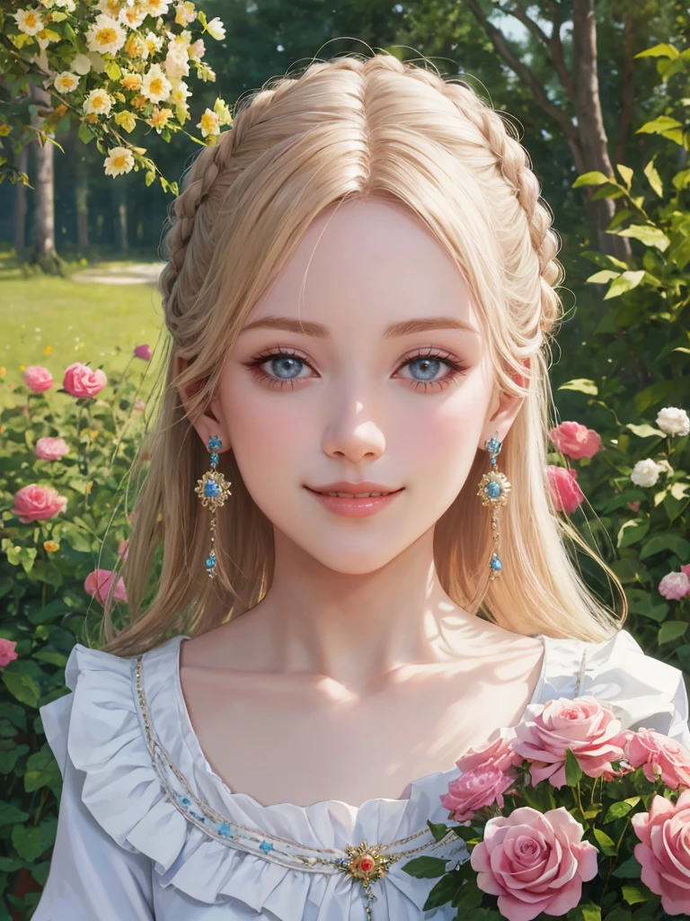 arafed woman smiling, ukrainian girl, russian girl, warm smile, beautiful and smiling, beautiful nordic woman, big bust, russian style, lovely woman, attractive woman, mature woman, very very beautiful woman, portrait, half body, en un jardin con muchas flores, rosas, 25 year old woman, milf, milf woman