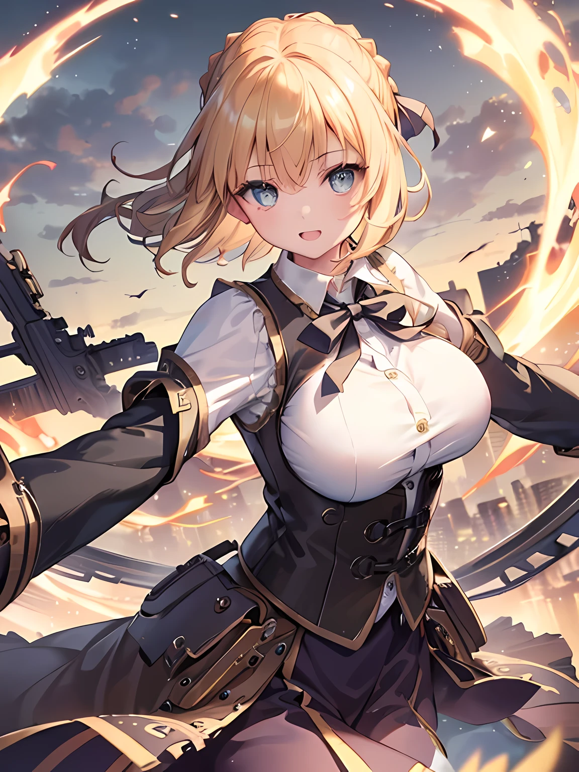 masterpiece,highest quality,(Super detailed),masterpiece,written boundary depth,perfect sentence, Detailed CG,Super detailed,(highly detailed eyes,very cute face,highly detailed face:1.3),beautiful anime girl,(solo girl:1.5),(super huge breasts:1.3),break,(happy smile),open your mouth,View viewer,break,ahoge, braid, hair ribbon, ribbon,blonde,short hair,Ahoge, Braid, bun hair, hair ribbon,green eyes,(steampunk costume,collared shirt,vest,long coat:1.3),suit pants,steampunk background,Steampunk cityscape,gaslight,Are standing,(dynamic pose,dynamic angle:1.4),cowboy shot