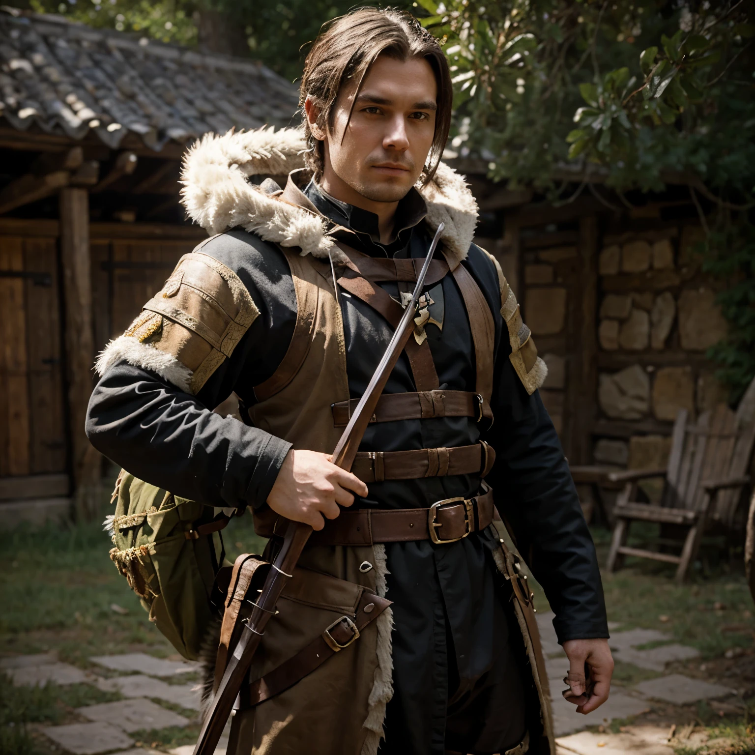 Medieval fantasy hunter with bow on his back standing