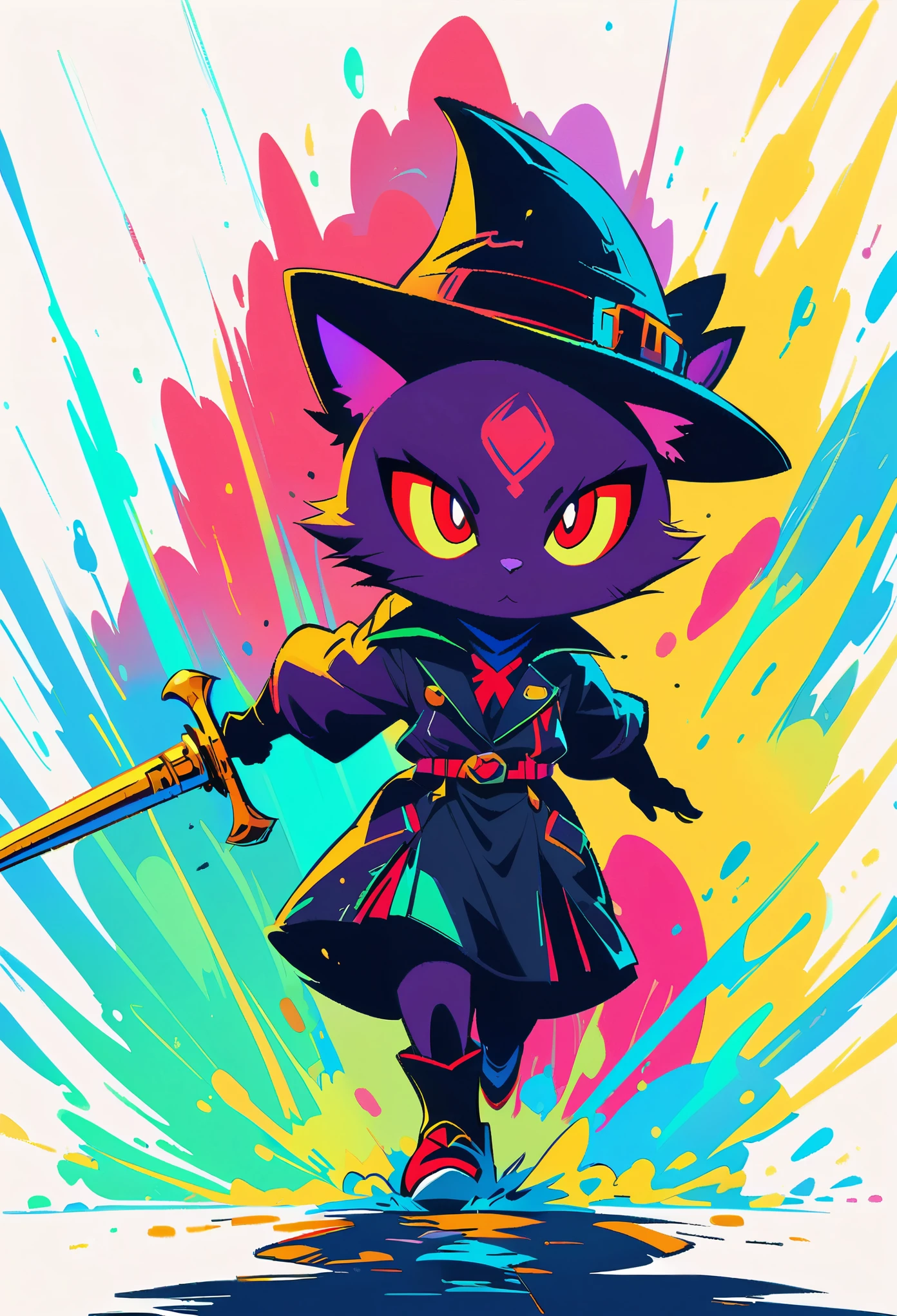 A blakc cat,red eyes,wearing a black hat,wielding a long rapier,(((ready to attack))),concept art in the style of Pixar, (character design), fantasy art style,anime aesthetics, realistic depiction of lighting, strong closeup shots, saturated colors