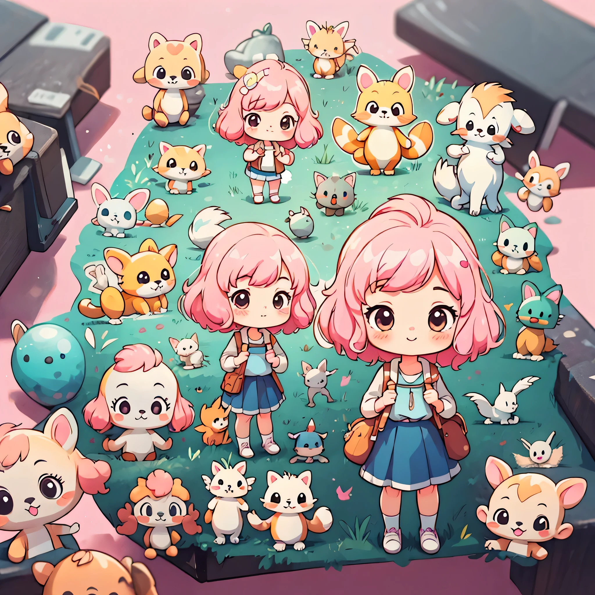 hayao miyazaki style、1 girl,(((Chibi)))、The background is a school classroom,pink hair,bob hair,best smile、cute animals