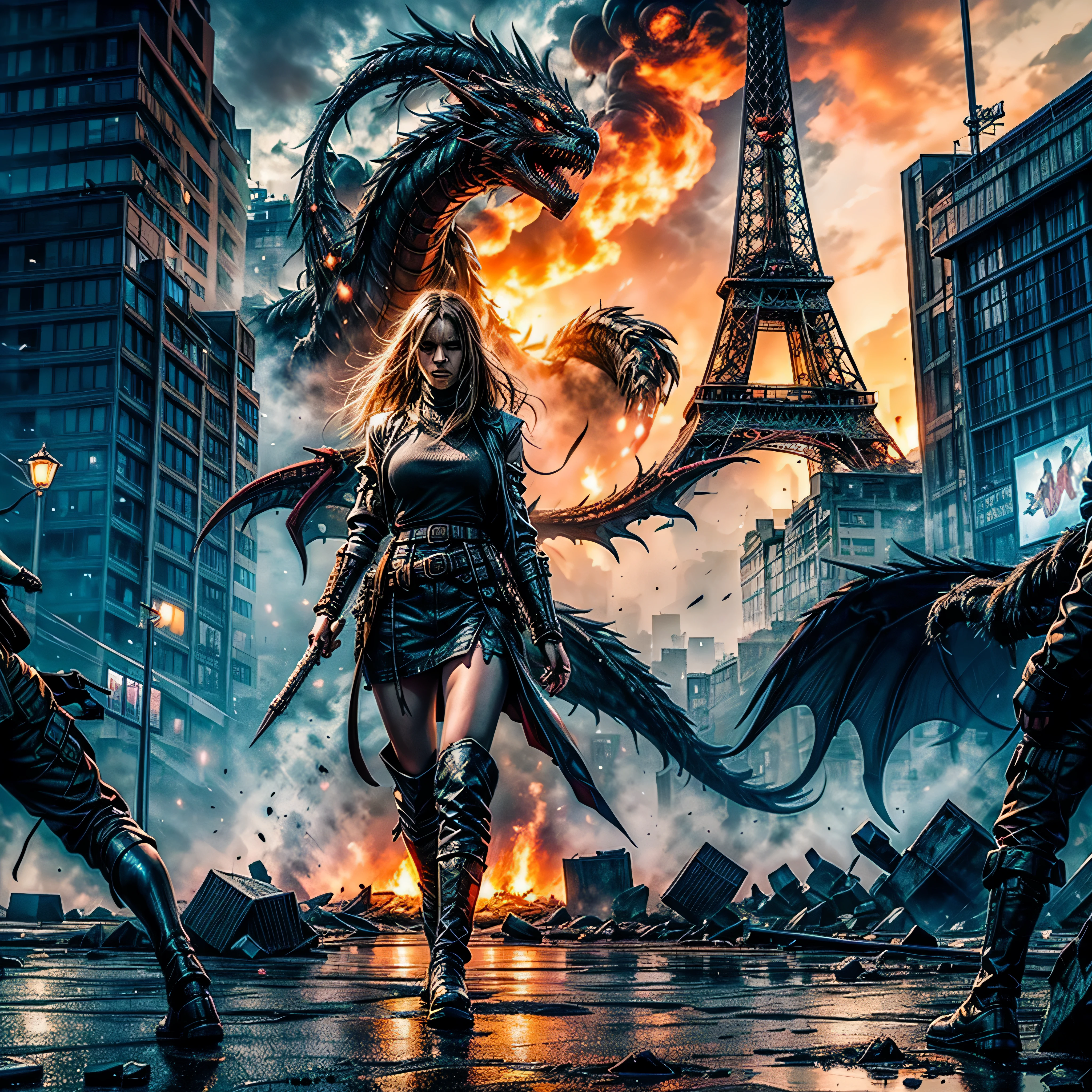 sunset, Scene Hero type depiction of adventurers fighting a dragon, action pose, Giant Dragon climbing Eiffel, Huge Dragon on a large scales, Majestic Titanium Dragon, Huge Giant Monarch, Detailed background, Dystopian cityscape, Apocalyptic city skyline, The ruins of the wrecked city, The demolished urban environment, Climbing Eiffel Crumbling streets, Desolate city center, Scattered skyscrapers, Climbing buildings, Infrastructure damage, Roads and bridges were damaged, Crashed vehicle,Falling debris, Burning wreckage, Smoggy air, deserted city, Glowing eyes, sparkle eyes, Fierce eyes, menacing eyes, glowing light eyes, piercing eyes, Powerful eyes, Ominous eyes, Illuminate your eyes, Sharp teeth, Sharp fangs, Fierce jaws, Powerful jaws, Very wide open mouth, Long tongue, Whip the tongue, Slimy saliva,Toxic saliva, Huge feet, Huge stomping, Huge claws, Crushing force, Scaly covered skin, glistning skin, Thick armored hides, Alien textures, Iridescent surface, Bioluminescent pattern, Dark and dangerous atmosphere, Sinister and contemplative emotions, Ominous and ominous environment, Mysterious and eerie environment, Cinematic lighting, Dramatic lighting, eerie lights, Surreal lighting, Otherworldly lighting, Ominous Shadows, Descending shadows, Creeping shadows, Explosions and sabotage, Holocaust, Chaos and panic, battles, resistance, Fight hard to survive, A huge Dragon over the city, In contrast,Cities are playgrounds for creatures, An epic confrontation between monsters and humans, Dark and moody color scheme, Vibrant neon lights, Pulsating electrons. Eiffel deep path equirectangular symmetrical meticulously intricate Cinematic sunlight ultra_high-details extreme improved ultra_high-quality ultra_high-resolution ultra professional photorealistic optimal ultra_sharp-focus ultra_high-definition 32K XT3 DSLR vivid colors-coded saturate tone-mapping fleuraison monarch varies multi etc. --v6 --s1000 --c20 --q5 --chaos100