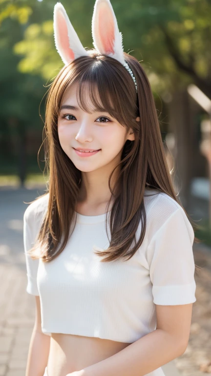 brown hair,medium hair,18 year old female, small nose, with the correct look, Cute natural smile, Japanese facial features, Clean and cute face, cute realistic portrait, asian face, 8k photo, soft makeup,natural skin texture,Raw photo,highest quality,Full Body Shot,Bunny ears