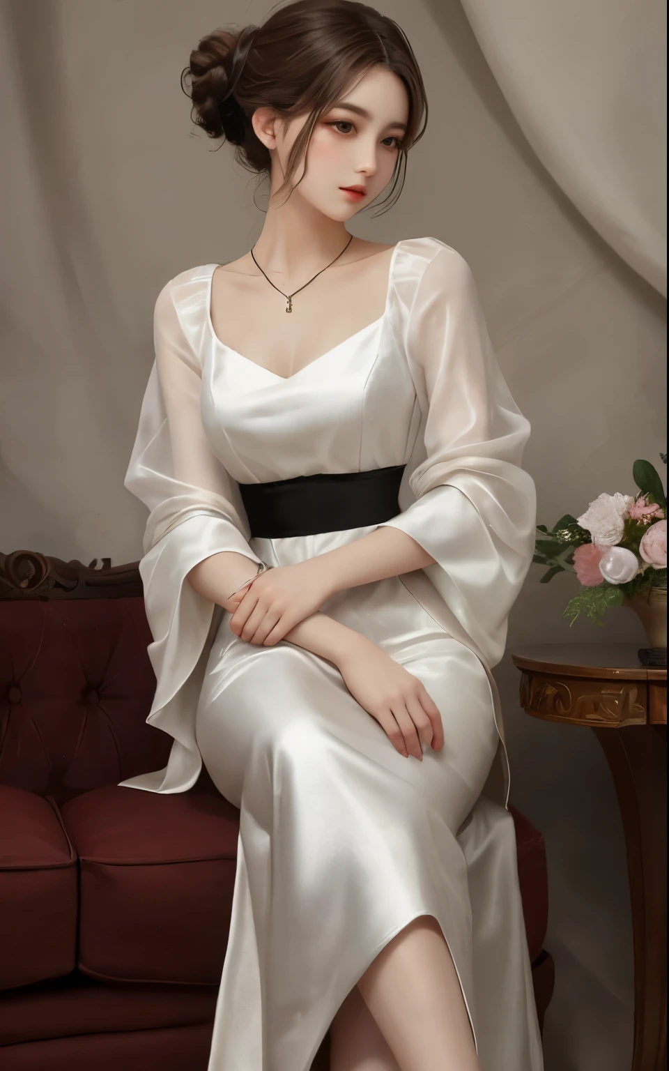 Korean beauty sitting on a chair wearing a necklace, Giovanni Boldini(Giovanni Boldini), Elegant lady, wearing silk clothes, perfect hands,