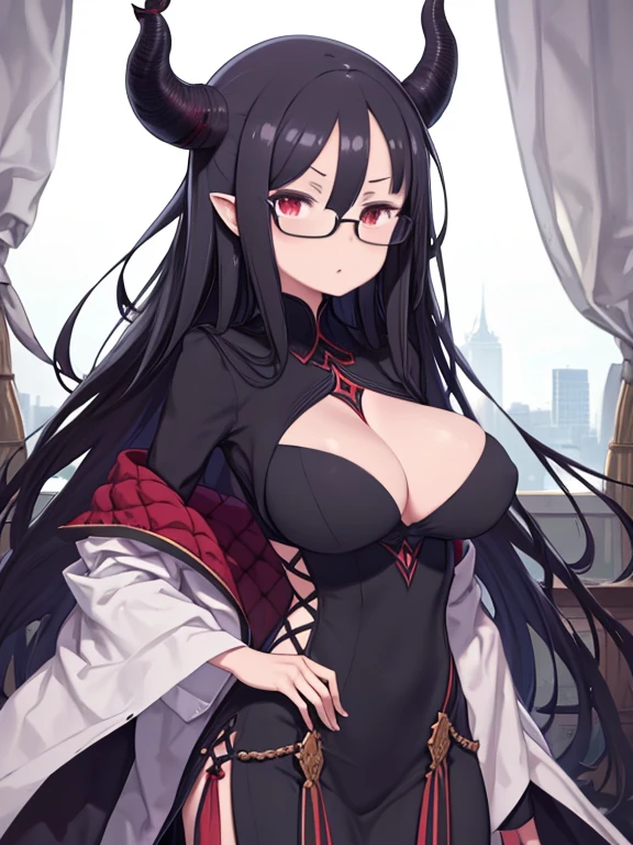 masterpiece, highest quality, Medium wide shot、cowboy shot、 1 mature woman、looking at the viewer、Jet black hair and horns、tall、devil woman、blood red eyes、Amazingly huge tits、Yinkya、Glasses girl、Demon King、