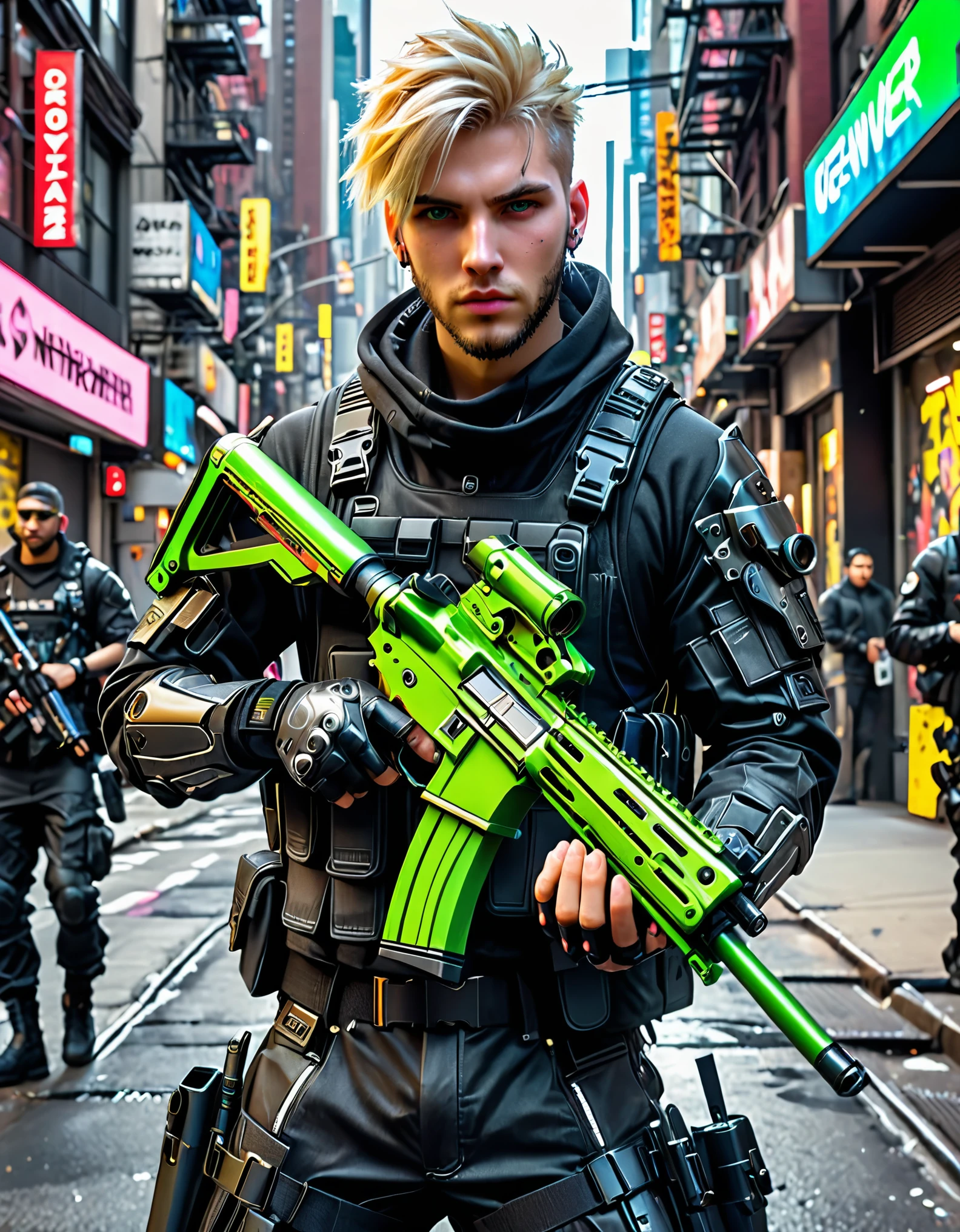 blond-haired man in military uniform holding an m4 carbine on a new york city street, cyberpunk street goon, hyper-realistic cyberpunk style, jetstream sam from metal gear, techwear look and clothes, cyberpunk streetwear, cyberpunk soldier, young blonde boy fantasy thief, soldier outfit, wearing techwear and armor, wearing japanese techwear, soldier 7 6 from overwatch, wearing cyberpunk streetwear, green eyes