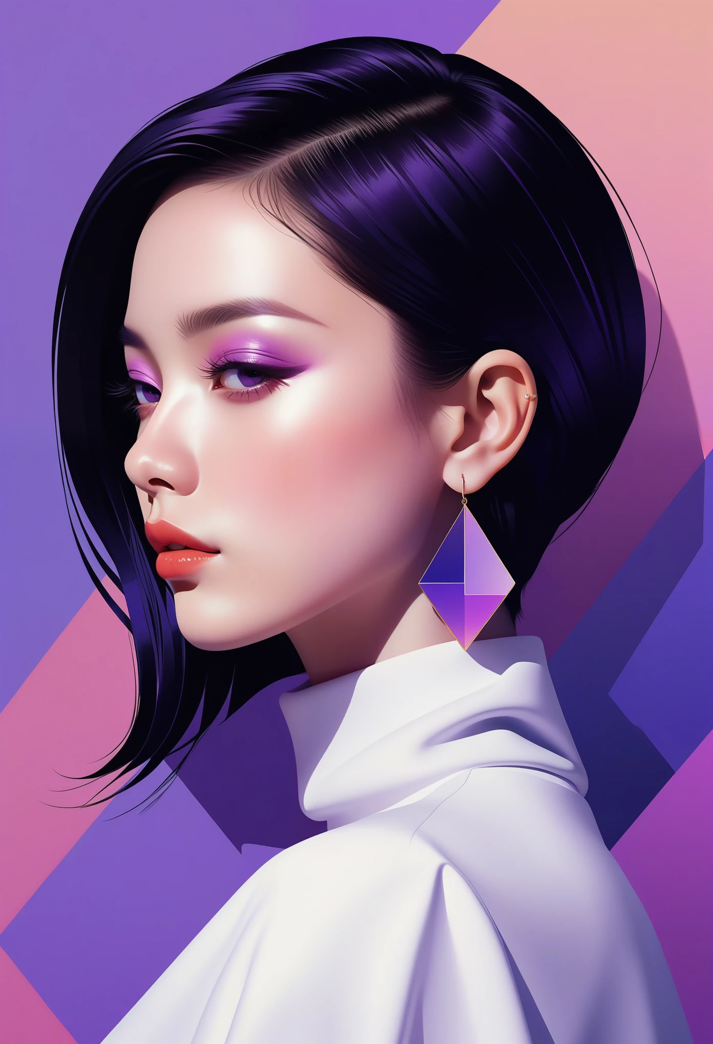 (((vector，flat form style，illustration，数字艺术illustration)))，1 girl，Unique，pretty face，earrings，portrait，Shoulder，Black high neck，Geometric gradients，gradient lines，artistic conception，Abstract，Minimalism，minimalist lines，portrait，Purple