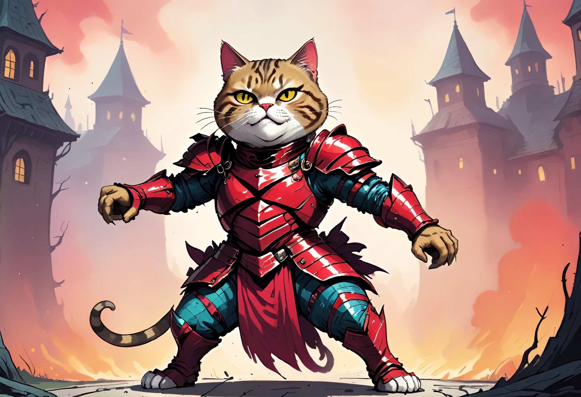 illustrate hyper maximal, intense, strange, a wordless, single image with unhinged, ridiculous, cartoonish, excessive, contorted, skewen hilarity postmeme expression, visually hilarious, cohesive, conveying overwhelming joy, overjoyed, cel animation, distorted contorted proportions of rotoscoped Tabby chonky cat wearing crimson knight armor outfit in expressive John Kricfalusi hand drawn art style, with threatening aura, disgustingly cool, vile boogie dancing, spooky, skewed,
