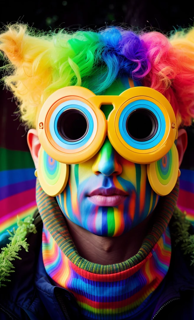 brightly colored man with glasses and a rainbow and tie-dye hair, foto colorida, ultrarealista, realista,colorida image, tecnicolor!!!, colorido, colorida, retrato cores felizes, tecnicolor, imagem colorida, tecnicolor 1, hiper colorido, realistic foto coloridagraphy, colorido, coloridoy, cores vivas e vibrantes, !!! fotografia colorida, 4k color photo portrait, extremely colorida