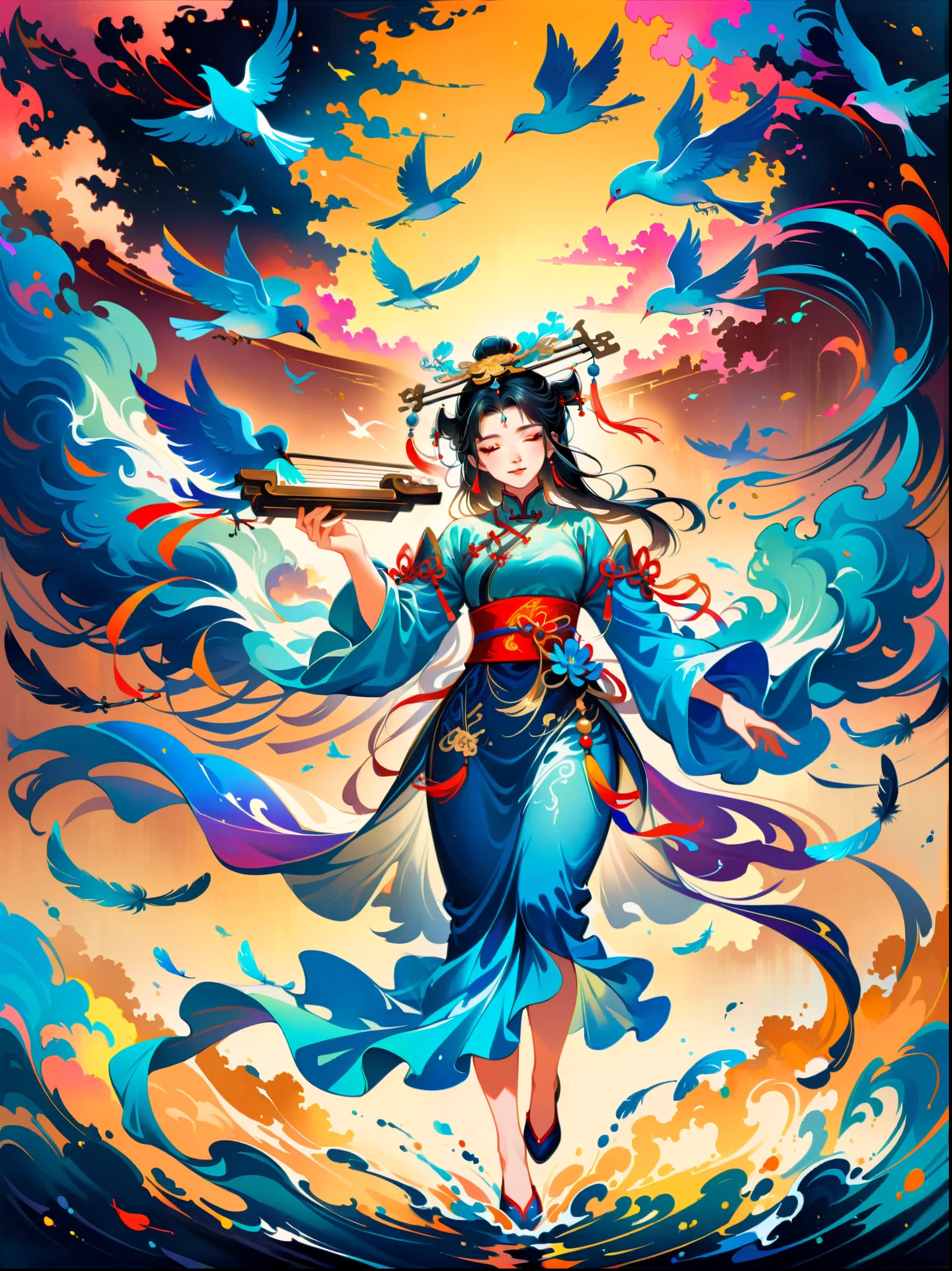Chinese style, dark golden background, colorful clouds surrounding the sky and beautiful sea goddess of China holding an ancient Chinese musical instrument in her hand, surrounded by flying birds with long tail feathers and colorful ribbons flowing behind them. Exquisite details, bright colors, high definition, full body portrait in the style of oil painting. The background is a blue water surface with golden moonlight shining on it. High angle perspective, full body perspective, beautiful movements in the style of Chinese art