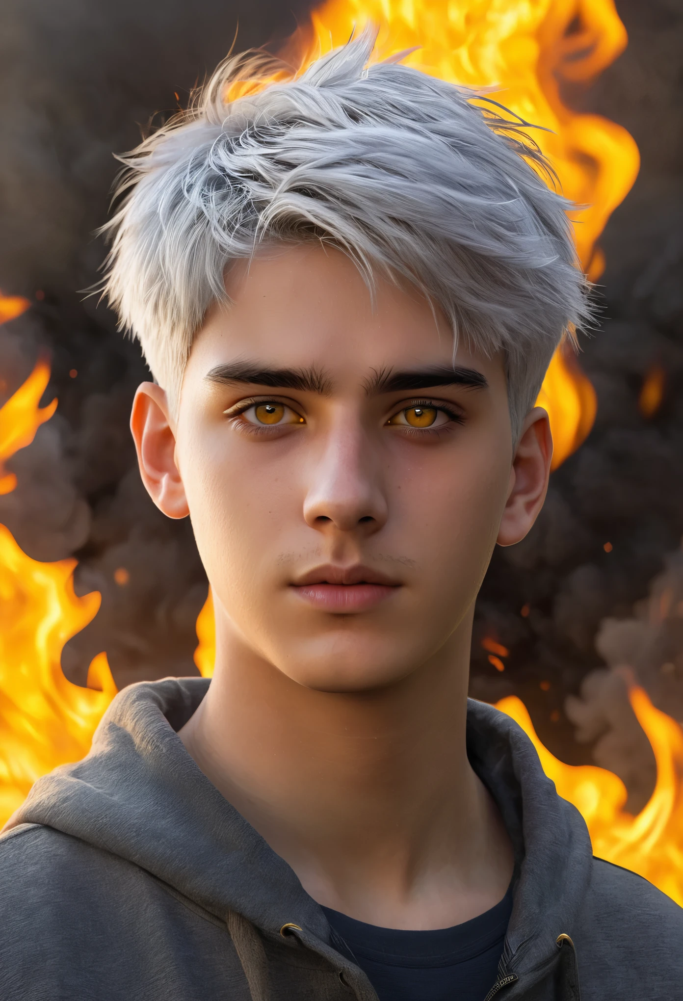High detail, clarity, 8kk, young guy, 18 years old, light gray hair, short haircut, yellow eyes, standing on fire, realism, fantasy,