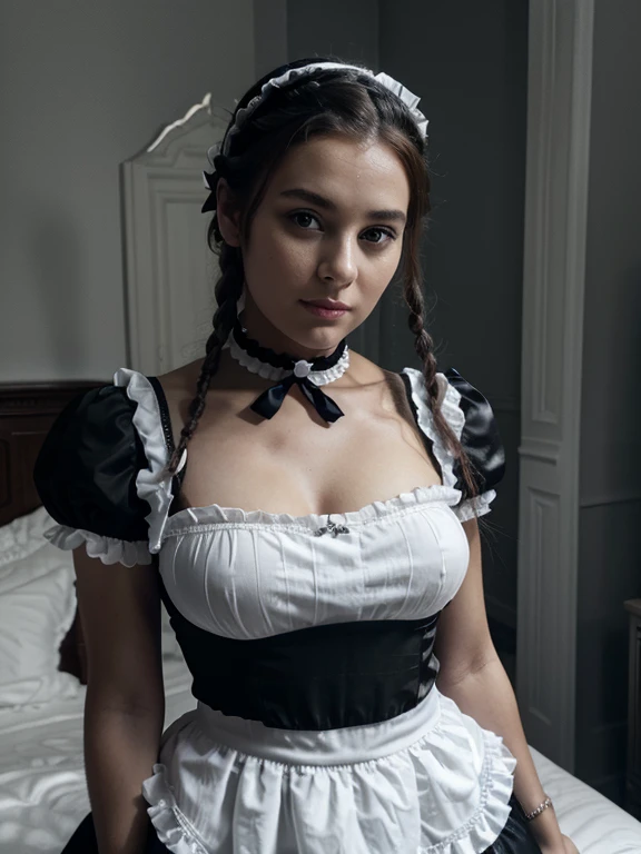 Auburn crown braid hair, loving gaze, bedroom, black and white frilly french maid uniform, maid bonnet, black satin choker