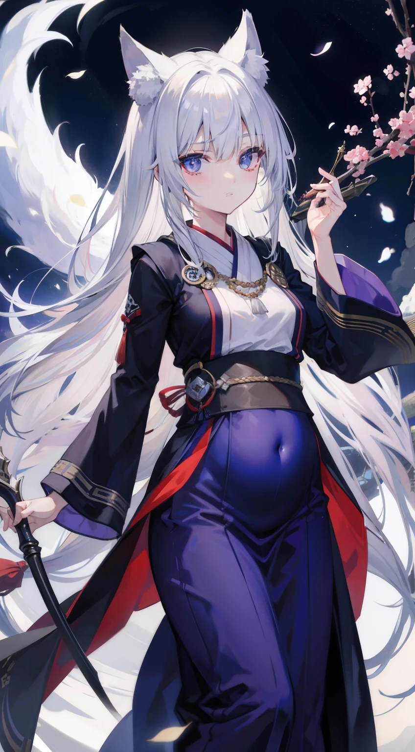 HDR、​masterpiece、top-quality、ighly detailed、extreme detail description、proffesional、Ultra-fine painting、chitanda_eru、((small tits))、((silber hair))、(the Nine-Tailed Fox)、((Woman with silver fox ears))、((Woman with nine silver fox tails))、((silber hair))、((Long))、((One female sorceress illuminated by moonlight on a dark night))、combat pose、((One eye is indigo))、((One eye is crimson))、Miko clothes、long-sleeve、Hakama skirt、add_detail, pregnant 