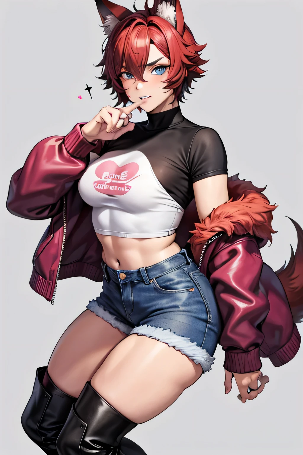 Single boy, Anime Femboy, Short, short red hair, wolf ears, wolf tail, blue eyes, wearing short denim shorts, thigh high fishnets, black combat boots, wearing fur lined open pink jacket, flat chest, super flat chest, wearing cropped t-shirt, solo femboy, only one femboy ((FLAT CHEST)) solo, alone, (SOLO)(ALONE) thicc thighs, wide hips, blue eyes, perfect eyes, perfect face, pouty lips, happy, curvy, sparkly blue eyes