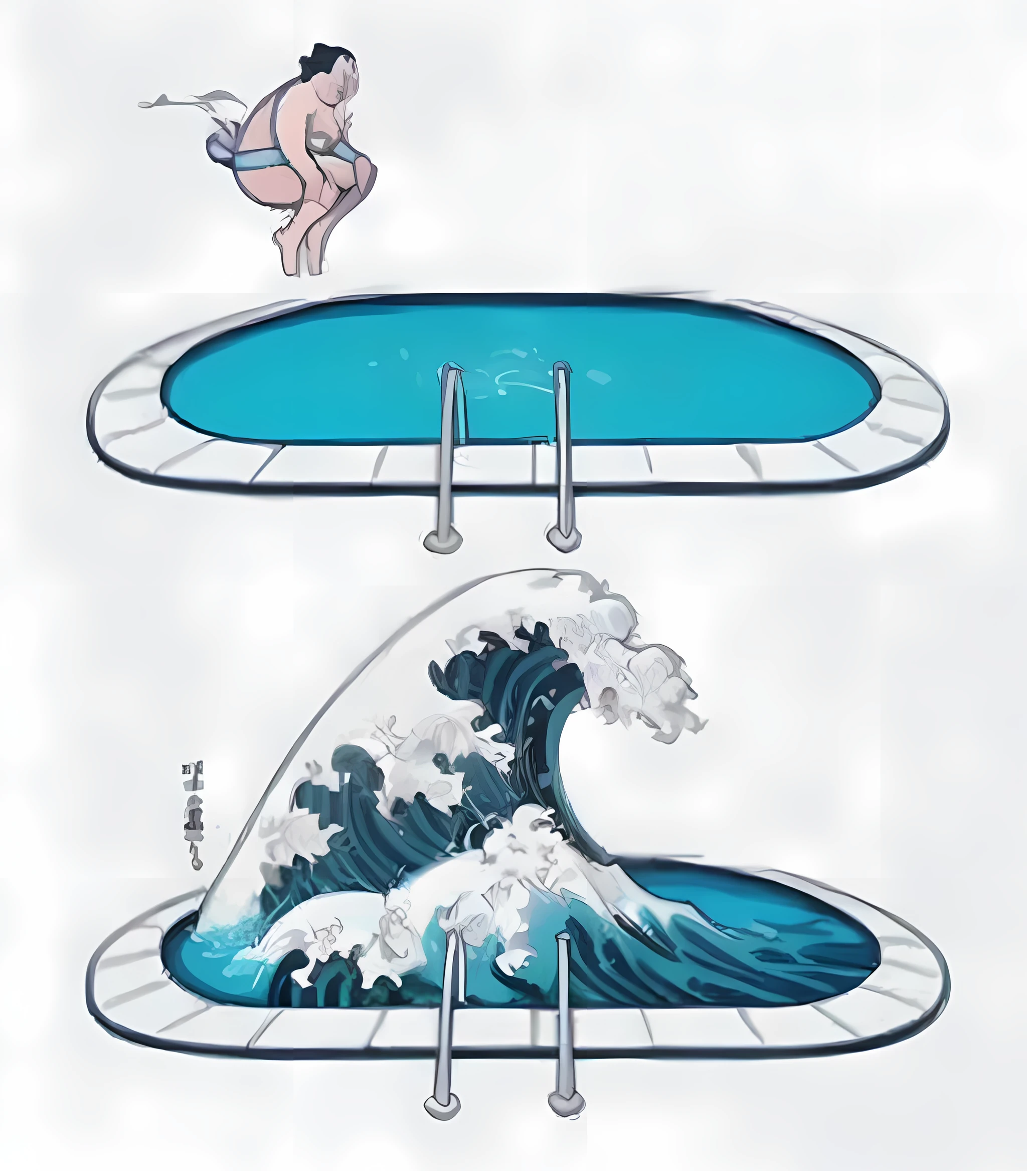 there are two pictures of a sumo man sitting on a surfboard above a piscina, Estilo Hokusai, Arte absurdo, gran ola, arte surrealista del agua, piscinas, katsushika Estilo Hokusai, ((ondas, inspirado en hokusai, inspirado en Katsuchika Hokusai, piscina, surreal design, estilo de hokusai, profundidad asombrosa